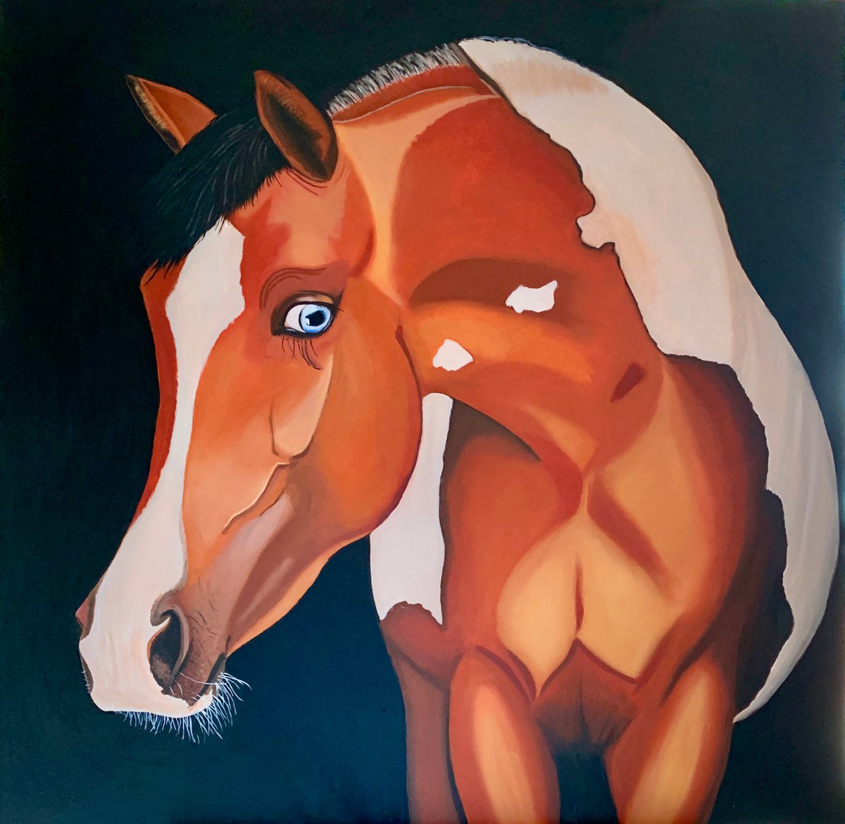 Surrealistic Animal Oil Painting By Caroline Millott, 31 X 31, Horse With Blue Eyes, Original Artwork