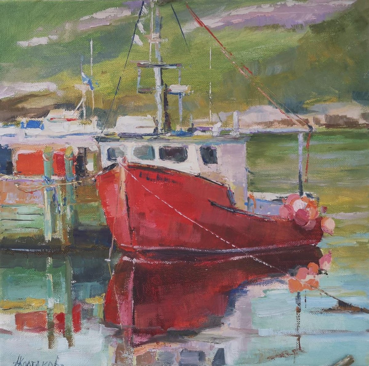 Impressionistic Landscape Oil Painting By Alexander Koltakov, 12 X 12, Red Boat , Plein Air, Original Artwork