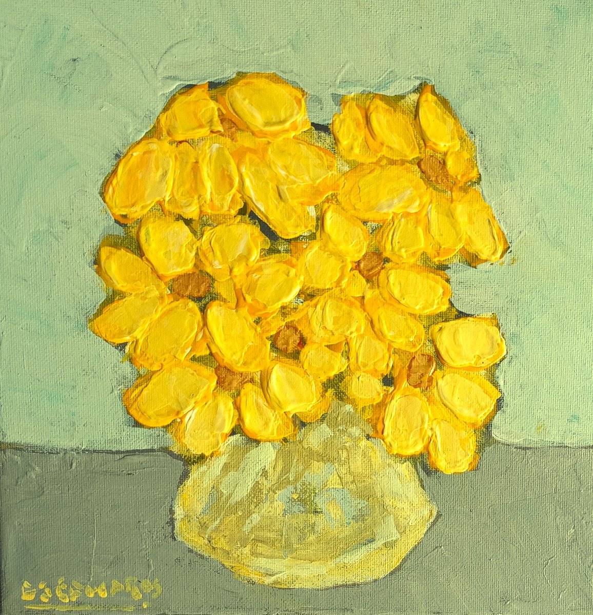Impressionistic Botanical Acrylic Painting By David J Edwards, 10 X 10, Yellow Daisies In May, Original Artwork