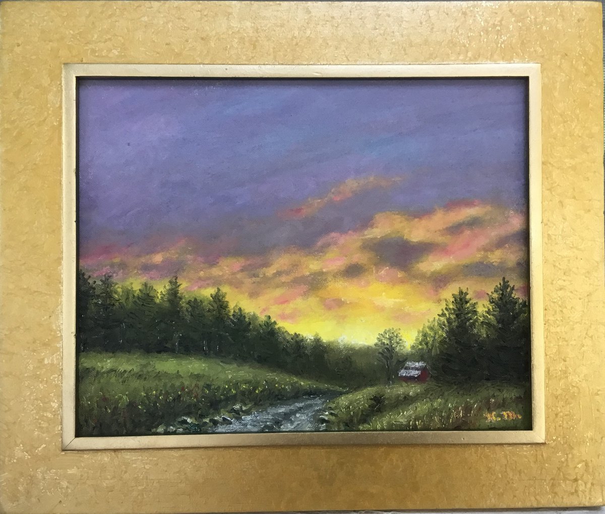 Impressionistic Landscape Oil Painting By Kathleen Mcdermott, 13 X 11", Rural Sundown, Original Artwork