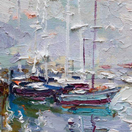 Sailing yachts in marina at sunrise Original seascape painting