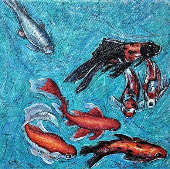GOLDFISHES, Oil painting study 20 x 20 cm