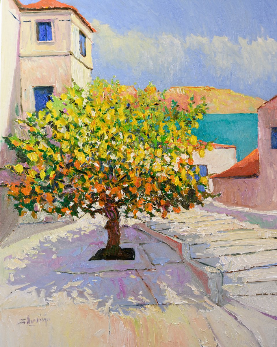 Expressive Landscape Oil Painting By Suren Nersisyan, 30 X 40", Lemon Tree From Greek Islands, Original Artwork