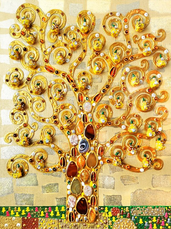 Pear tree. Relief textured golden painting with precious stones