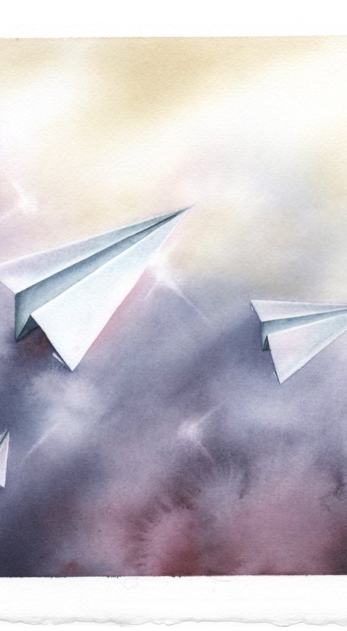 Promises II - Origami Paper Plane Watercolor by ieva Janu