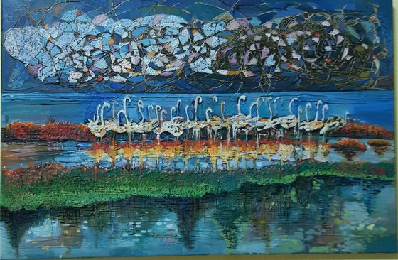 Flamingos (60x40cm, oil painting, modern art, ready to hang, music painting)