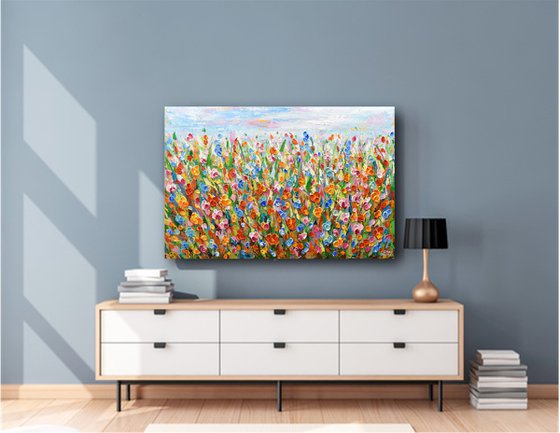 Meadow Joy - Abstract Floral Field Painting, Palette Knife Art