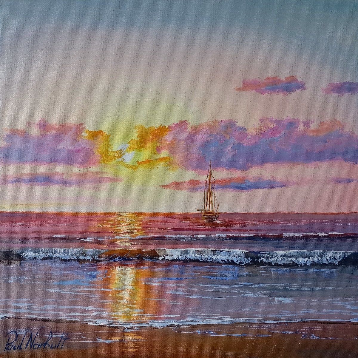 Photorealistic Landscape Oil Painting By Paul Narbutt, 12 X 12", Sails At Sunset, Original Artwork