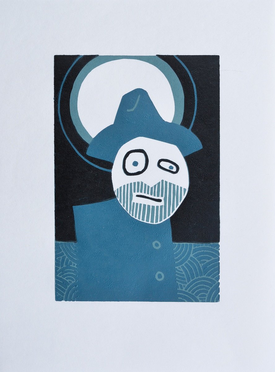 Graphic Portrait Linocut By Julian Davies, 7 X 9", Furtive Herbert, Original Artwork