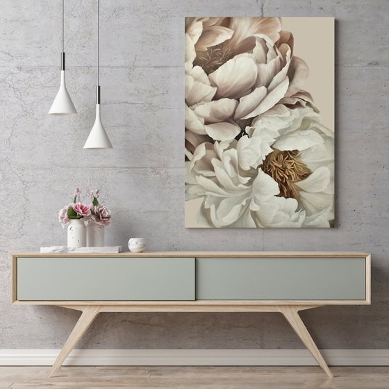 "Gray Silk Flowers 2" Gray white peony art