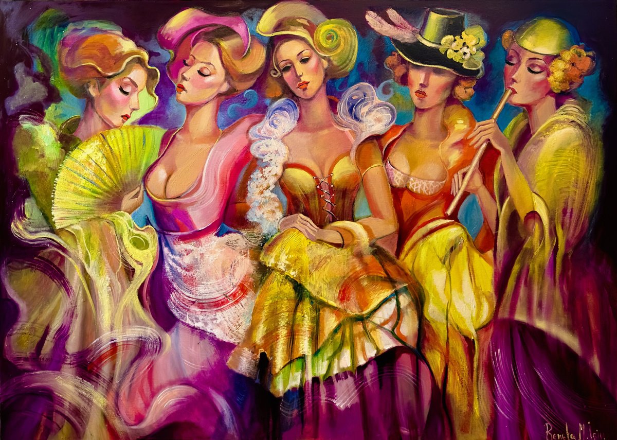 Impressionistic Portrait Oil Painting By Reneta Isin, 55 X 39", " Moulin Rouge " Dancers, Original Artwork