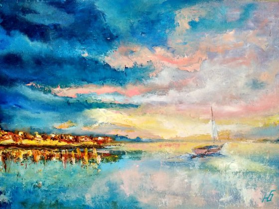 Summer sunset Sailboat Painting Original Art Seascape Abstract Ocean Wall Art