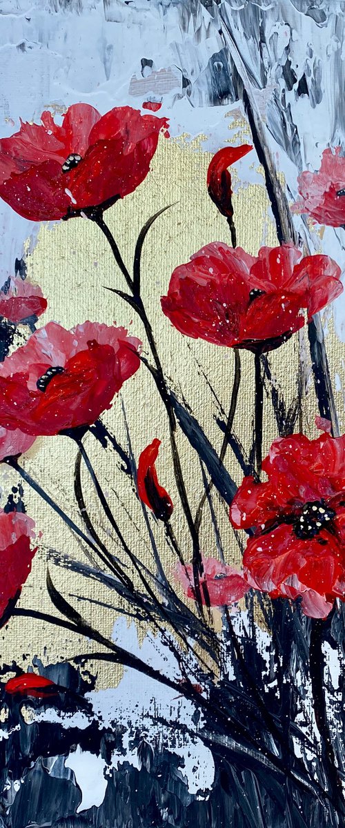 Abstract Textured Poppies on Gold Leaf by Marja Brown