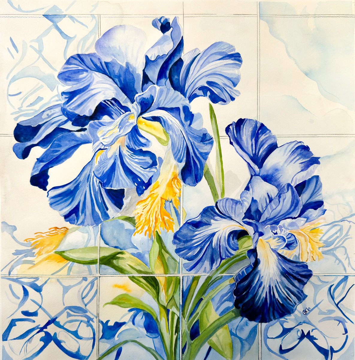 Photorealistic Watercolour , Bright Blue Irises By Irina Kurganskaya, 20 X 20, Artwork For Sale On Artfinder