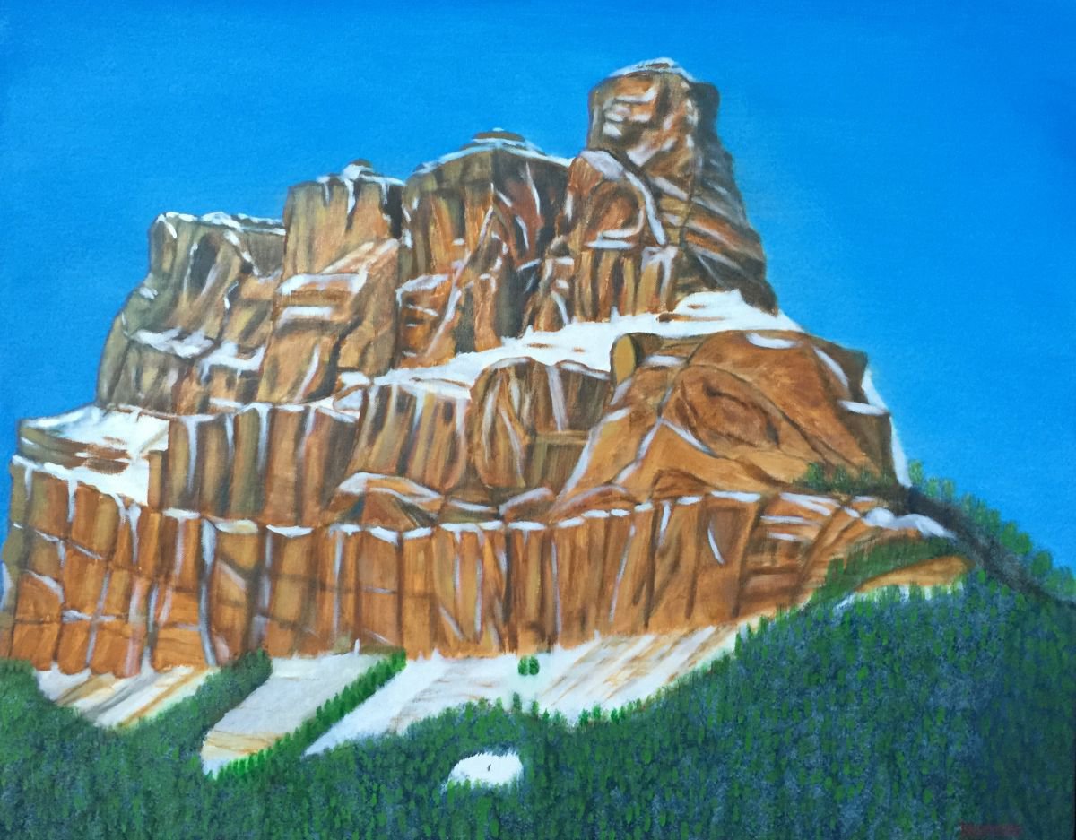 Photorealistic Landscape Oil Painting By Leslie Dannenberg, 30 X 24", Castle Mountain Snow Capped, Original Artwork