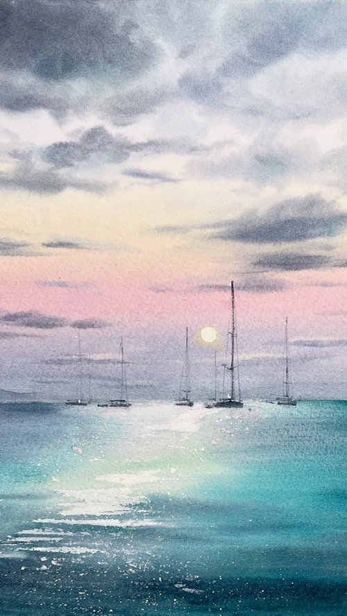 Yachts at sunset #14 by Eugenia Gorbacheva