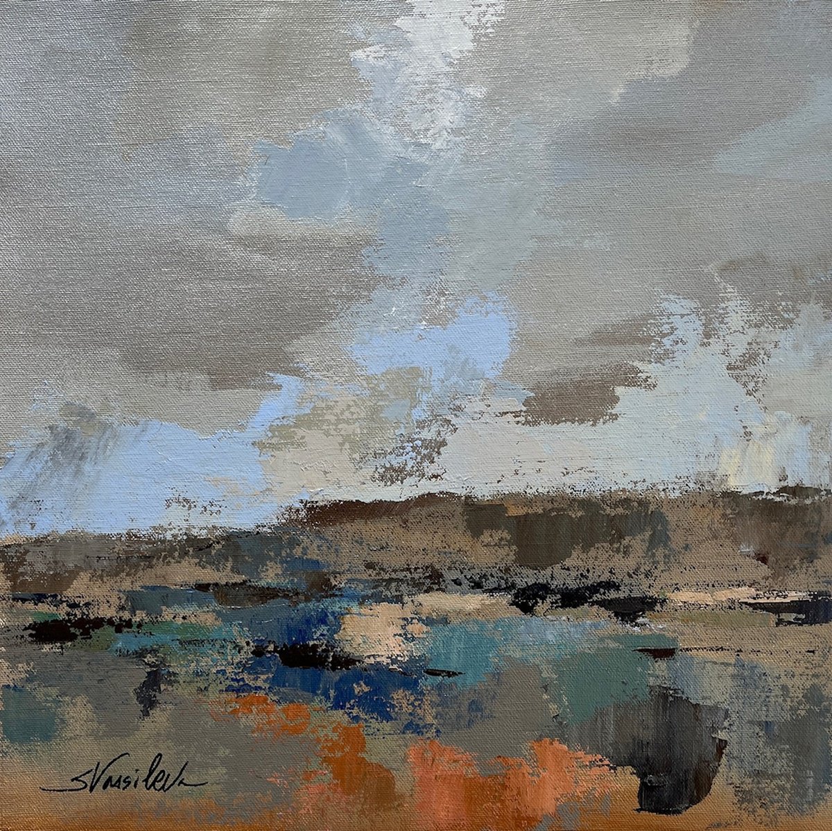 Impressionistic Landscape Acrylic Painting By Silvia Vassileva, 15 X 15", River And Sky I, Original Artwork