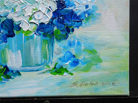 White and Blue Hydrangea Small Painting on Canvas