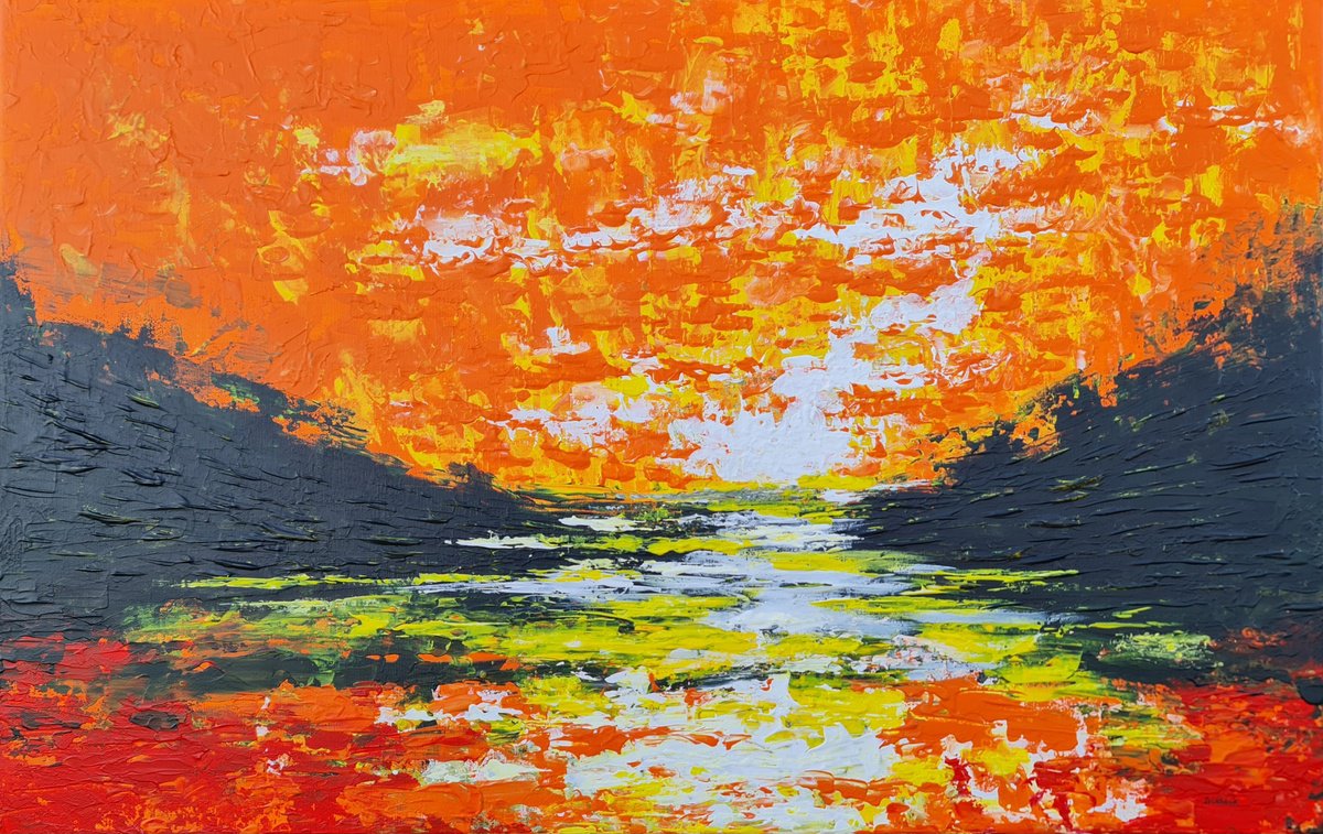 Abstract Landscape Acrylic Painting By Daniel Urbani?k, 31 X 20, Orange Sunrise 1, Original Artwork