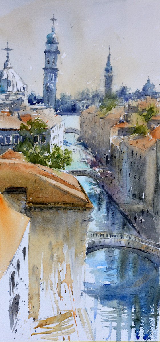 Impressionistic Cityscapes Watercolour By Nenad Kojic, 7 X 15", Peaks Of Venice Italy Vertical, Original Artwork