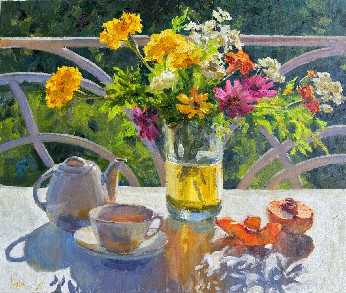 Impressionistic Botanical Oil Painting By Nataliia Nosyk, 24 X 20", Summer Morning Tea, Original Artwork