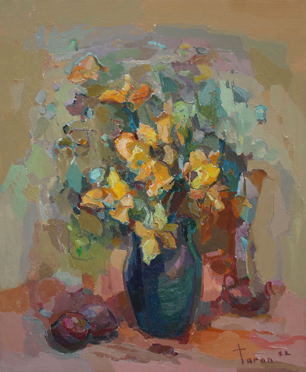 Abstract Botanical Oil Painting By Taron Khachatryan, 18 X 22", Yellow Flowers, Original Artwork