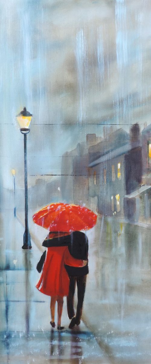Red in the rain couple with an umbrella by Gordon Bruce