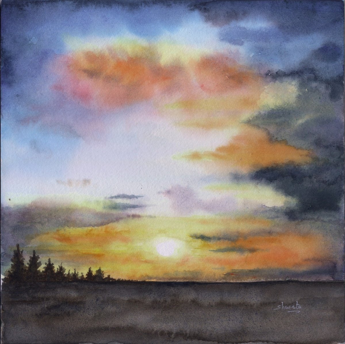 Sunset watercolour painting by Shweta Mahajan