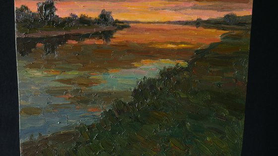 Sunset over the river - sunset painting