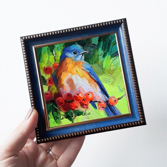 Eastern Bluebird painting original in oil 4x4 framed spring bird art
