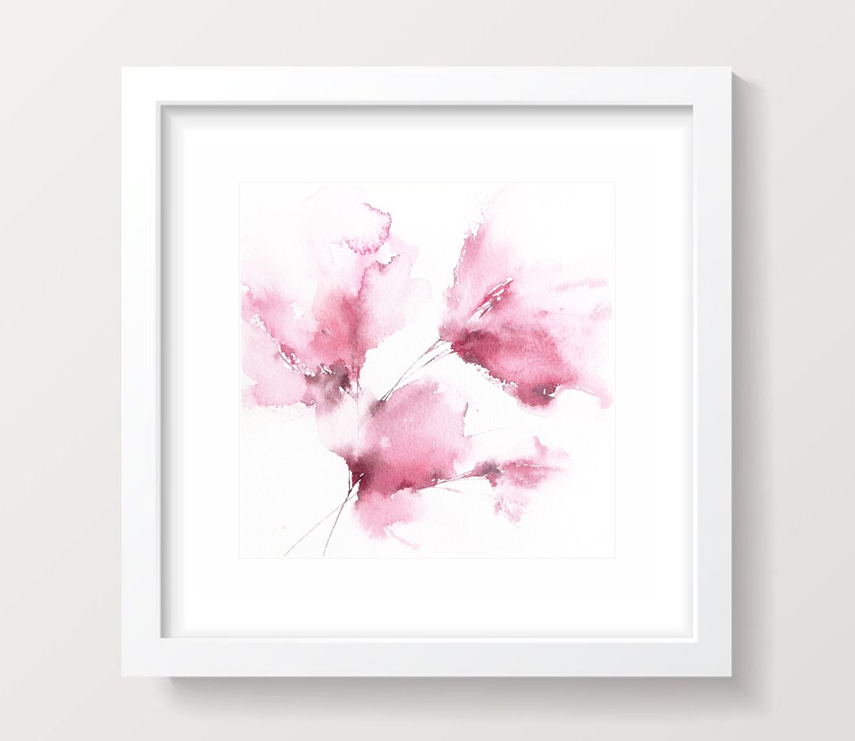 Pink abstract flowers, small watercolor painting by Olya Grigo