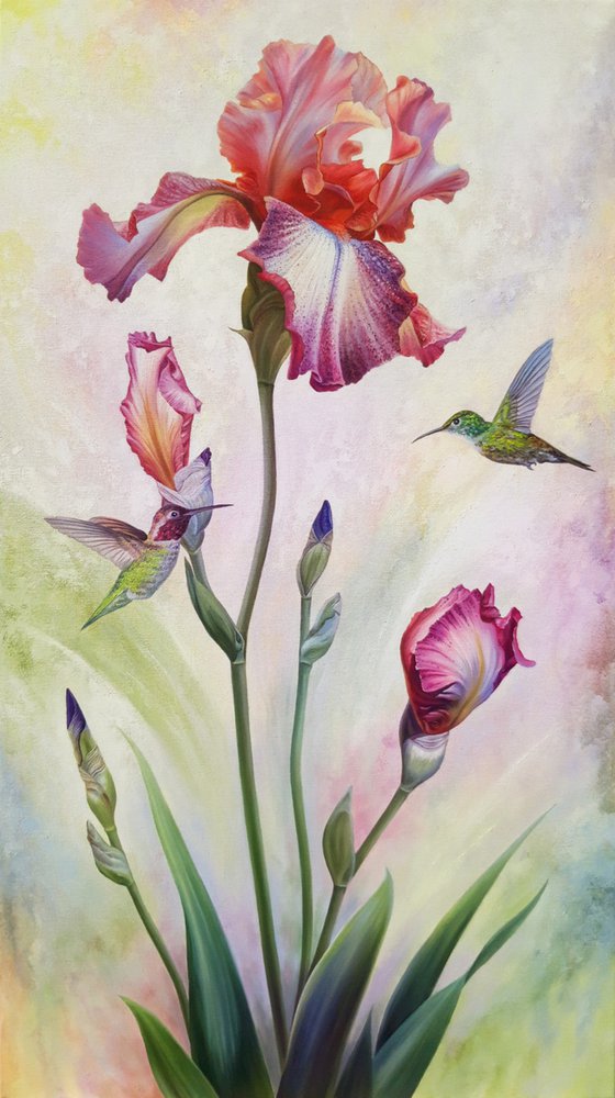 "Morning date", iris and birds painting