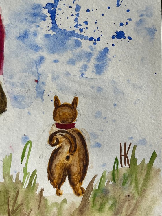 Fishing Painting Woman Original Art Pink Coat Watercolor Dog Artwork Fisherwoman Home Wall Art 8 by 12" by Halyna Kirichenko