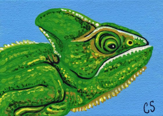 ACEO ATC Original Painting Chameleon Lizard Wildlife Art-Carla Smale