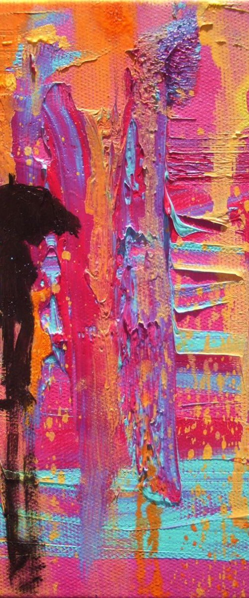 " Loneliness in Morocco " original painting CITY STREET RAIN full of colours by Monika Luniak