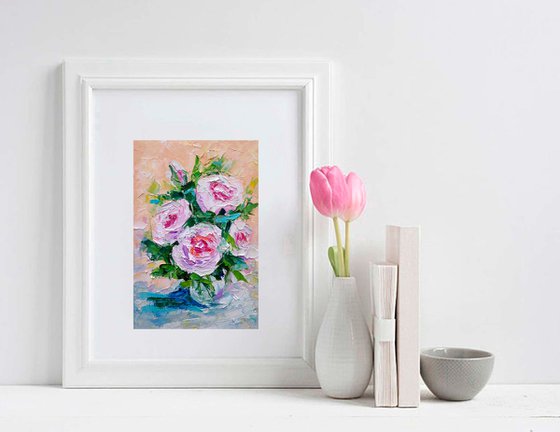 Pink Floral Painting Original Art Small Flower Artwork Oil Wall Art