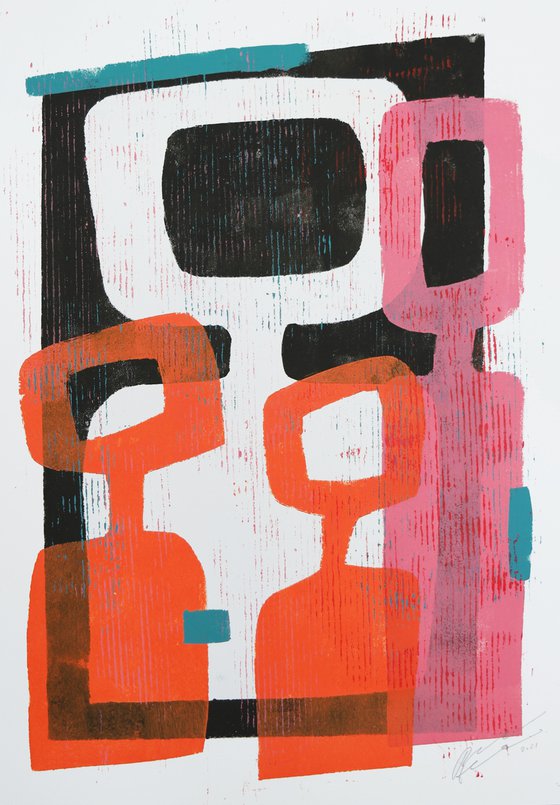 Abstract Family Portrait  - Art on paper - Pink & Orange - A2 42x59,4cm - Ronald Hunter 31J