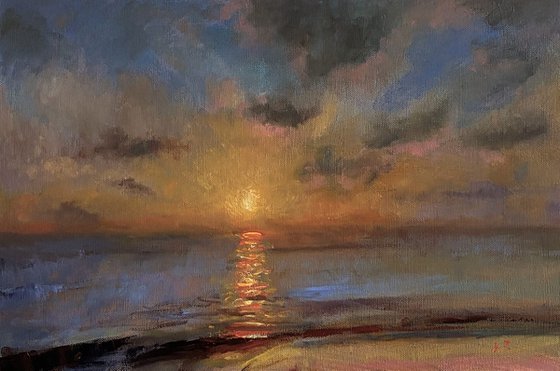 Evening Sunset over The Sea. Original Oil Painting on canvas ready to hang.