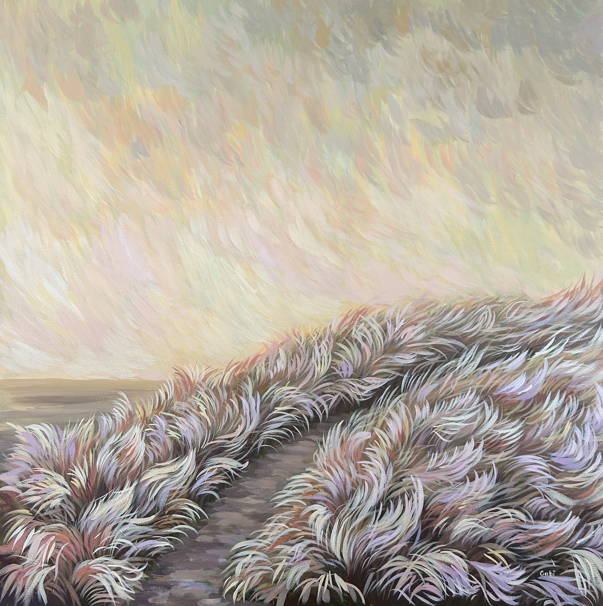 Impressionistic Landscape Acrylic Painting By Gabriele Prismantaite, 30 X 30, Sunset By The Dune, Original Artwork