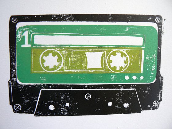 Linocut tapes #6 (cassette tapes, retro music, 70's, 80's rock culture)