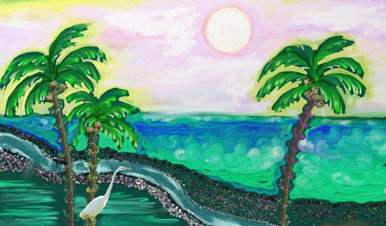 Tropical Ocean View with Egret
