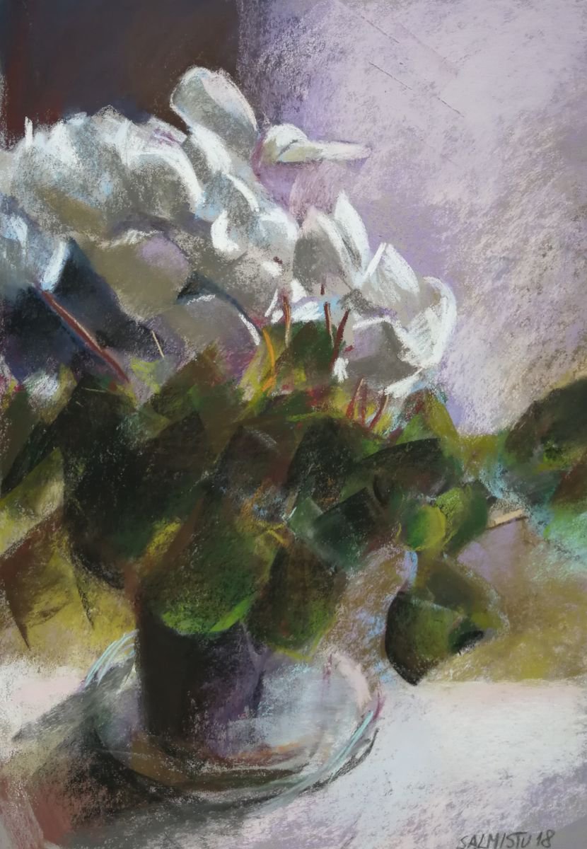Impressionistic Botanical Pastel Drawing By Silja Salmistu, 10 X 15", White Cyclamen, Original Artwork