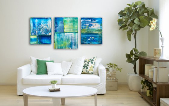 "Just Chillin" - Save As A Series - Original PMS Abstract Acrylic Painting Triptych On Canvas - 50" x 24"