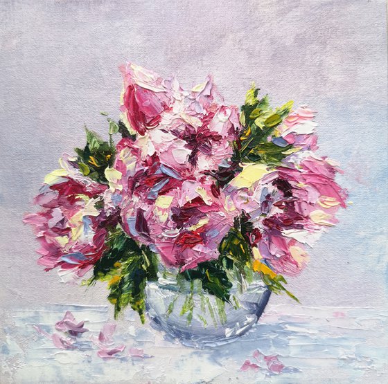 Peony bouquet in vase, impressionist flowers still life