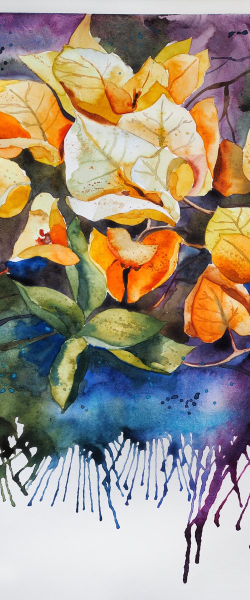 Yellow bougainvillea - expressive original watercolor flower, falling paint by Delnara El