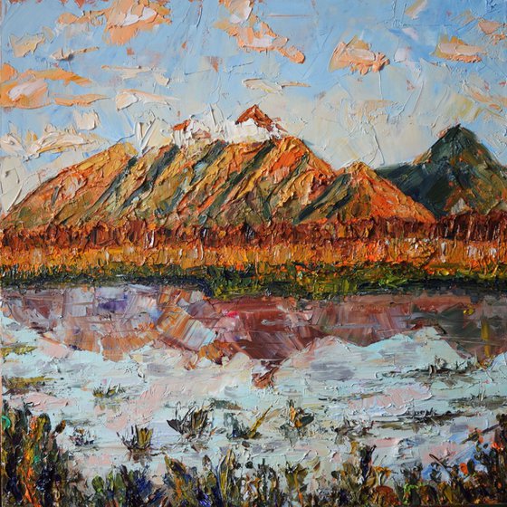 Original palette knife oil painting Sunset mountains in Alaska