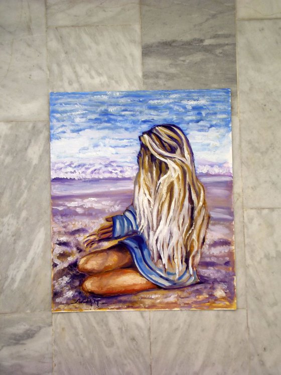 SEASIDE GIRL - Sitting at the Seaside - Oil painting (38x46cm)