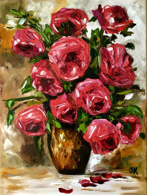 BOUQUET OF RED ROSES  palette knife modern red pink still life  flowers Dutch style office home decor gift