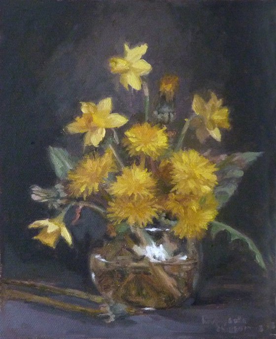 Still life with daffodils and dandelions
