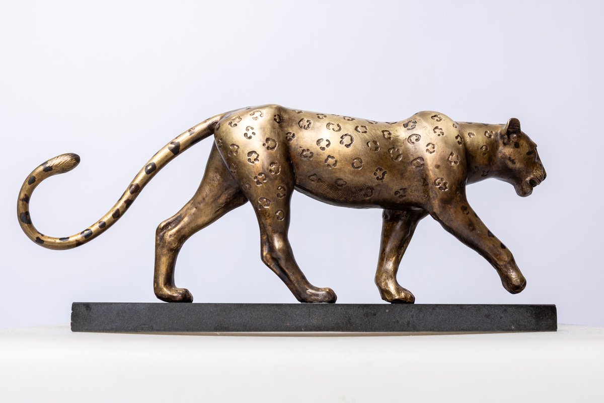 Photorealistic Animal Bronze Sculpture By Krasimir Krastev, 15 X 6", Leopard, Original Artwork
